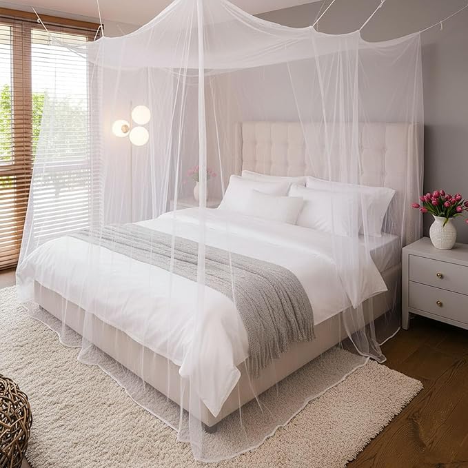 Mosquito Net for Bed - 4 Corner Bed Canopy with Fine Mesh Protection, Queen Size Bed, Easy Assembly Bug Net for Indoor/Outdoor Use, Camping & Travel