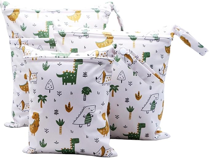 3pcs Cloth Diaper Wet Dry Bags Waterproof Reusable with Two Zippered Pockets Travel Beach Pool Daycare Soiled Baby Items Yoga Gym Bag for Swimsuits or Wet Clothes (3036-3-greendinosaur)