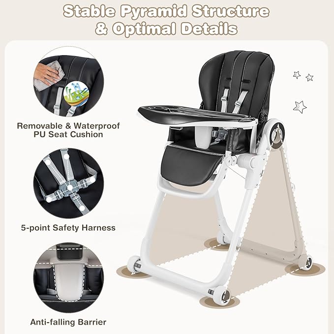 HONEY JOY High Chair with Wheels, Foldable Highchair for Babies & Toddlers, Adjustable Backrest/Footrest/Seat Height, Double Removable Trays, Detachable Seat Cushion for Boys Girls