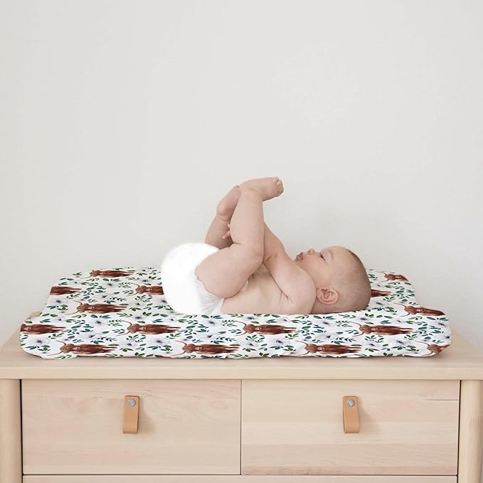 Highland Cows White Poppy Changing Pad Cover Cute Yak Boho Floral Diaper Changing Table Cover Sheets for Boys Girls Soft Breathable Stretchy Fitted Changing Table Mats 32''x16''