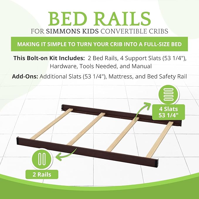 Full-Size Conversion Kit Bed Rails Compatible with Simmons Kids Convertible Cribs by Delta Children - Solid Wood Rail - Toddler and Adult Bed Rail - Nursery Furniture (Black Espresso, BOLT-ON KIT)