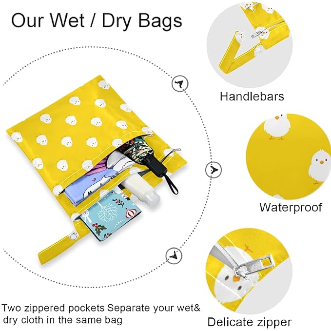 visesunny Chick Animal 2Pcs Wet Bag with Zippered Pockets Washable Reusable Roomy Diaper Bag for Travel,Beach,Daycare,Stroller,Diapers,Dirty Gym Clothes,Wet Swimsuits,Toiletries