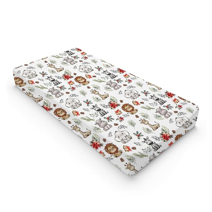 Baby Safari Animals Christmas Cherry Fir Leaves Changing Pad Covers Lion Elephant Giraffe Zebra Hippo Diaper Change Table Pad Covers for Girl Boy Soft Stretch Changing Mat Sheets 32''x16''