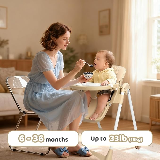 JOYMOR 4 in 1 Folding Baby High Chair for Babies to Toddlers, Infant Eating Foldable Highchair w/Leather Seat Cushion, 4-Position Removeable & Adjustable Tray, 5-Point Harness (Beige)