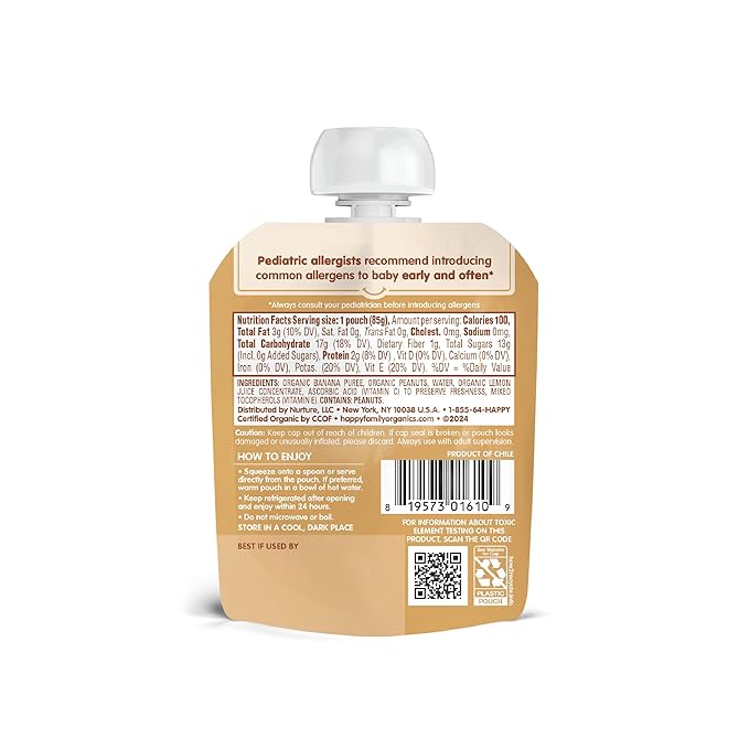 Happy Baby Organics Nutty Blends Stage 2, Bananas & Peanut Butter Organic Baby Food, 12 Ct