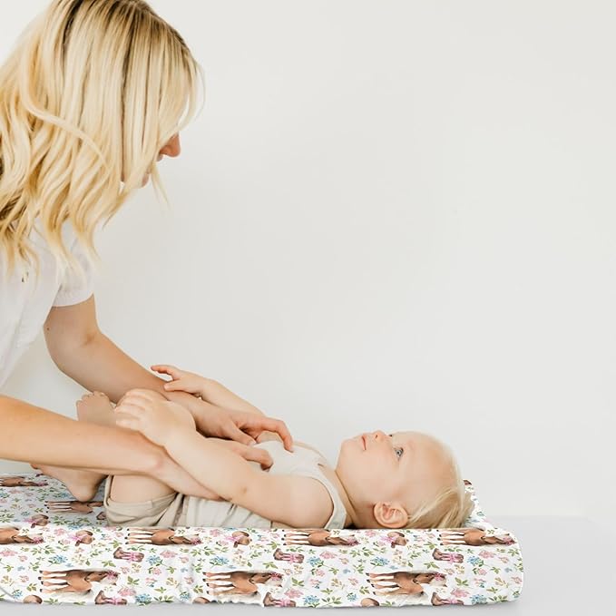 Baby Girls Changing Pad Covers Western Cowgirl Pony Floral, Horse Pink Flower Hat Boot Safe Snug Fitted Diaper Table Sheet, Soft Breathable Stretchy Change Mat Shower Gift Fit 32 34 x 16