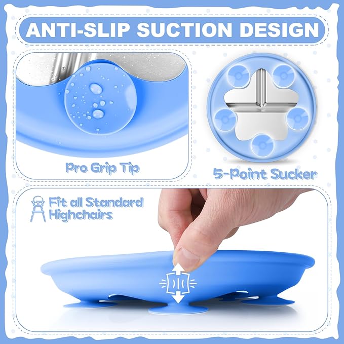 OVV Stainless Steel Kids Plates (2 Pack) 8 Inch Toddler Divided Plates with ﻿Removable Silicone Sleeves & 5 Suction Cups Baby Self Feeding | Mess-Free Mealtime | Dishwasher Safe