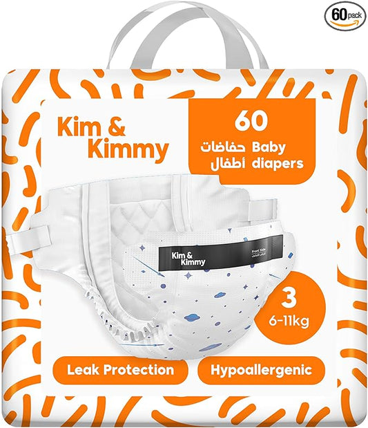 Kim & Kimmy Eco Diapers, Size 3, 13-24 lbs, 60 Diapers - 12 Hour Leak Protection, No Rashes, Hypoallergenic, Ultra-Soft & Highly Absorbent - Cruelty Free & Vegan - Space Travel