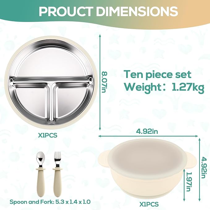 Mity rain Stainless Steel & Silicone Toddler Plates and Bowls Set with Suction,5-Piece Suction Plates & Bowls for Toddler,Removable Shell,Silicones Baby Plates for Independent Eating(Beige)