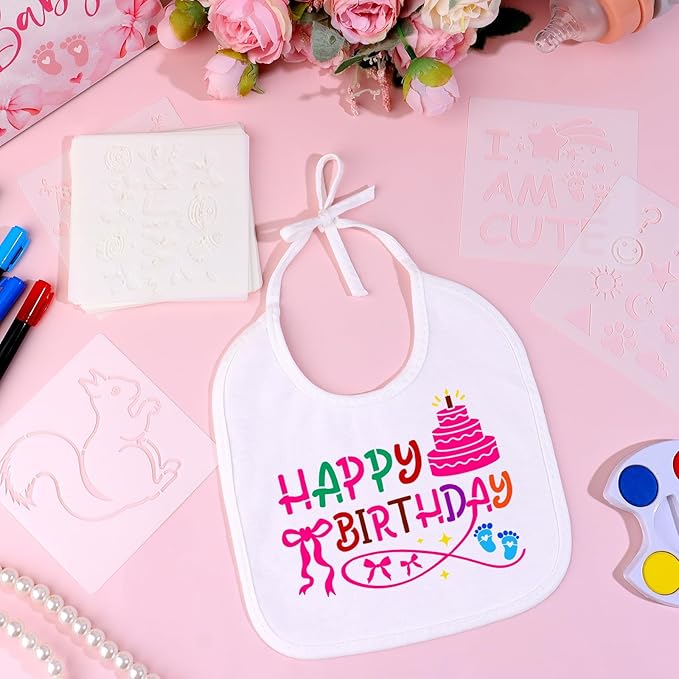FIONUPI 55 Pcs Baby Bibs Decorating Kit Includes 1 Wooden Pink Bow Baby Shower Game Sign 22 DIY White Bibs 22 Bow Stencils 10 Colorful Markers Supplies for Shower Games