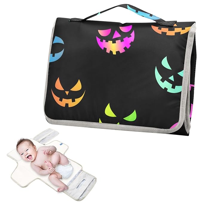 Colorful Pumpkins Halloween Portable Changing Pad for Unisex Baby Toddler Foldable Baby Changing Mat with Pillow & Shoulder Strap Travel Changing Station for Traveling Hiking Gift