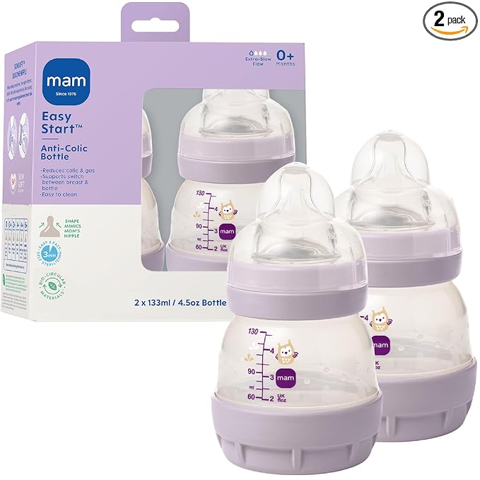 MAM 4.5oz Easy Start Anti-Colic Wide Neck Vented Baby Bottle, Extra Slow Flow Breastfeeding-Like Silicone Nipple, Reduces Colic, Gas & Reflux, Easy to Clean, BPA Free, 0+ Months, Made in Europe, Girl