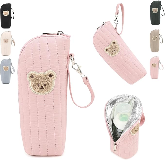 Insulated Baby Bottle Bag, Cotton Thermal Storage Organizer with Bear Design, 8.66x2.76x3.15 Inches, Light Blue, for Breast Milk Transport and Snacks (pink)