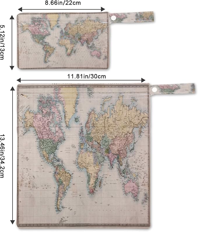 Vintage World Map Wet Dry Bag for Cloth Diaper Swimsuit, Educational World Map Waterproof Wet Bag Organizer Pouch with Zippered Pockets and Snap Handle Washable for Travel Daycare Gym, 2 Pack