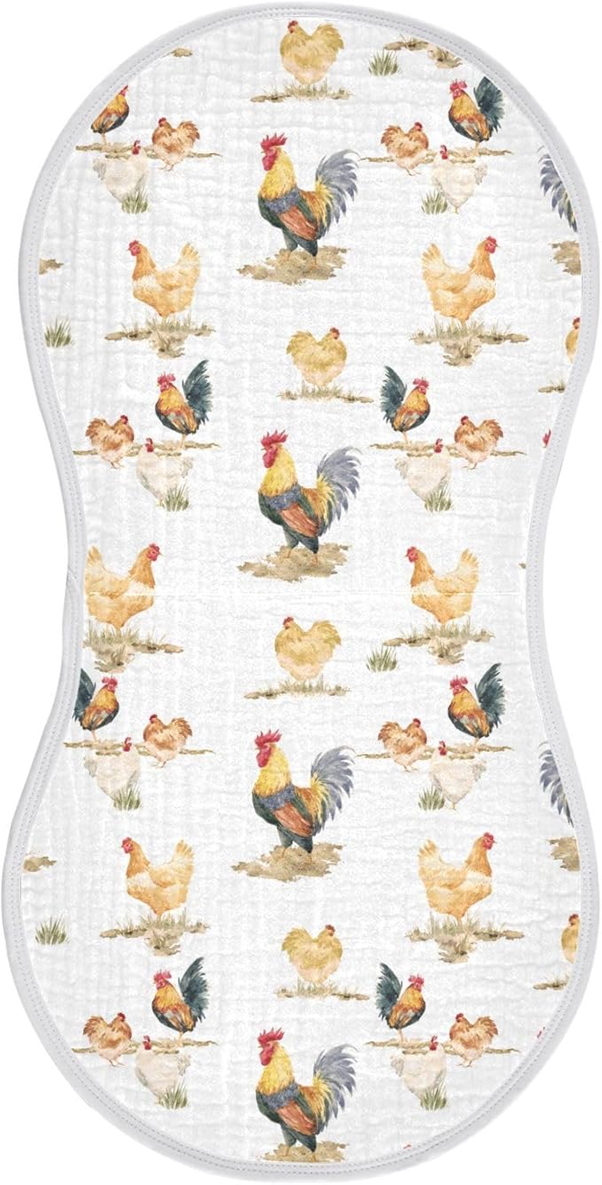 Muslin Burp Cloths for Baby Boys and Girls - 1-Pack Ultra Absorbent Rustic Retro Chickens Rooster Muslin Washcloths, Newborn Towel, Milk Spit Up Rags, Burp Cloth Bib for Unisex, 22 x 11 Inch