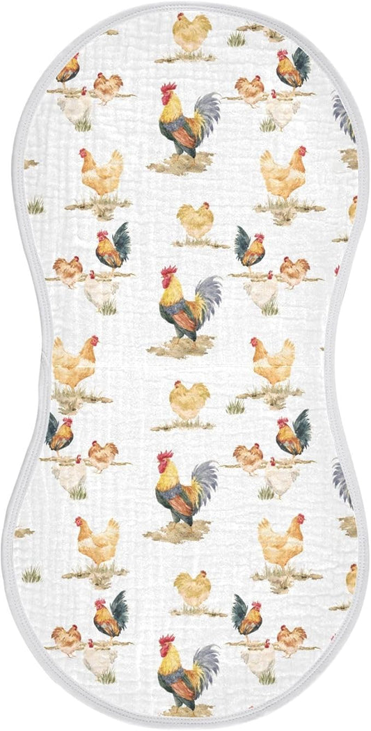 Muslin Burp Cloths for Baby Boys and Girls - 1-Pack Ultra Absorbent Rustic Retro Chickens Rooster Muslin Washcloths, Newborn Towel, Milk Spit Up Rags, Burp Cloth Bib for Unisex, 22 x 11 Inch