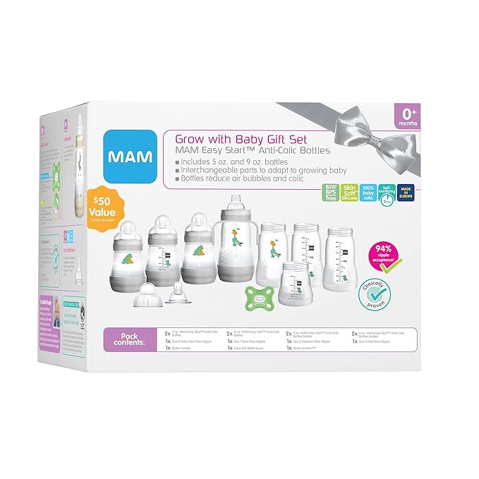 MAM Grow with Baby 15-Piece Gift Set, Newborn 0-4 Months, Anti-Colic Bottles and Silicone Nipples, Extra Slow Flow Nipple Size 0, for Newborn Babies and Older