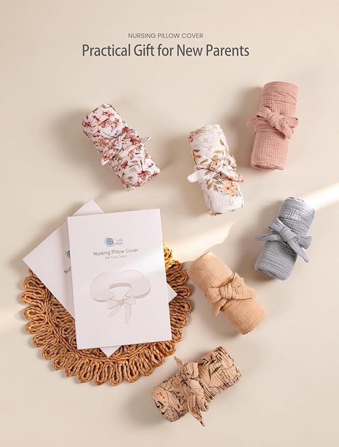 lulumoon Muslin Nursing Pillow Covers - 2-Pack Cotton Slipcovers for Breastfeeding Pillow - Extended Adjustable Strap for Secure Fit & Stable Support - Hidden Zipper Safety for Bottle-Feeding
