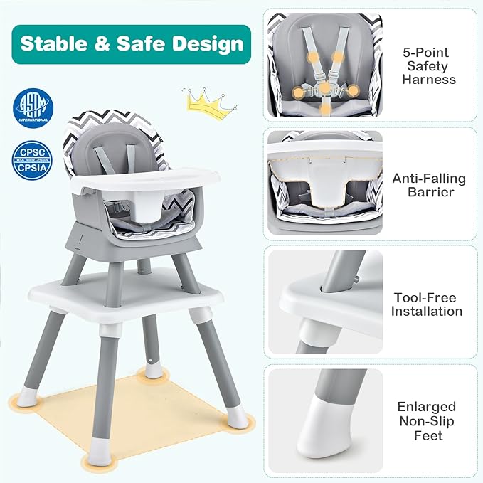 KOTEK Baby High Chair, 8 in 1 Convertible Highchairs for Babies and Toddlers, Building Block Table, Booster Seat, Toddler Chair with Removable Tray, Safety Harness, Dual Cushions (Chevron)