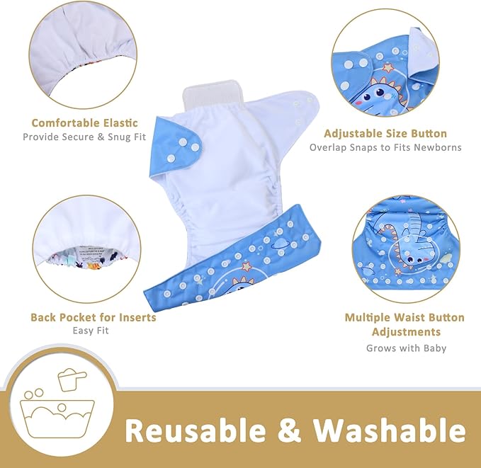 TDIAPERS Cloth Diaper Covers Reusable Washable Pocket Diapers One Size Adjustable for Baby 10 Pack with 10 Pcs Microfiber Inserts, 1 Wet Bag