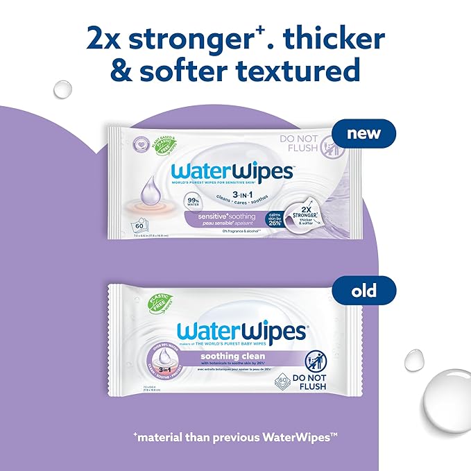 WaterWipes Sensitive+ Soothing Wipes, 3-In-1 Cleans, Cares, Soothes, 99% Water with Botanical Extract, Unscented & Hypoallergenic Baby Wipes, 60 Count (1 Pack)