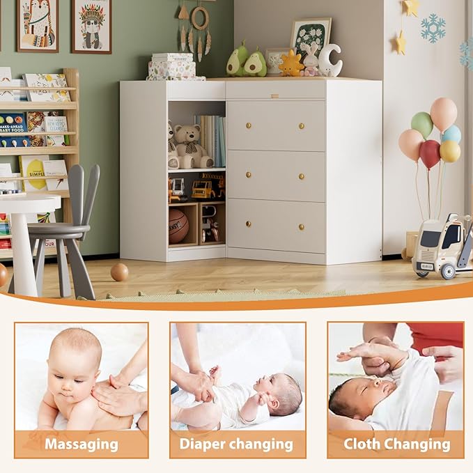 Modern Nursery Changing Table Dresser,Corner Baby Dressing Table with 5 Drawers,2 Open Storage Racks,Multi Functional Diaper Changing Station for Children's Rooms,for The Nursery, White