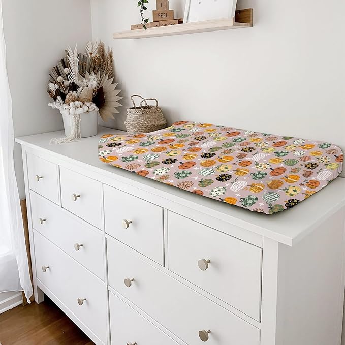 Vintage Fall Pumpkins Floral Baby Changing Pad Covers Autumn Harvest Diaper Changing Table Sheets for Boy Girl Thanksgiving Soft Breathable Stretch Baby Change Pad Table Mats 32''x16''