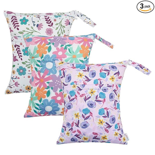 ALVABABY 3pcs Cloth Diaper Wet Dry Bags Waterproof Reusable with Two Zippered Pockets Travel Beach Pool Daycare Soiled Baby Items Yoga Gym Bag for Swimsuits or Wet Clothes 3L-ZM18A