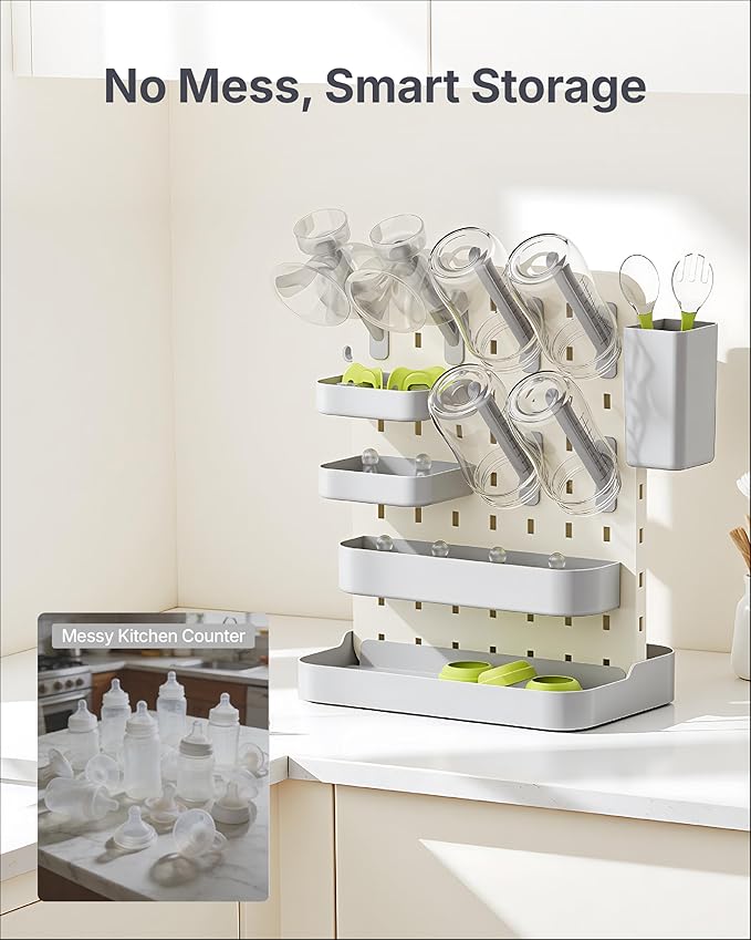 DIY Baby Bottle Drying Rack, Holds 12 Bottles, Space-Saving for Small Kitchen Counters, Modular Bottle Dryer with Removable Rods & Baskets, BPA-Free Countertop Organizer for Baby Feeding Essentials