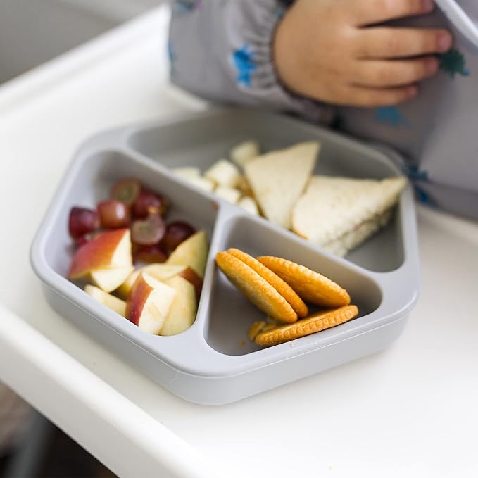 Tiny Twinkle Silicone Suction Baby Plate, Suction Grip Divided Dish for First Foods and Self-Feeding Toddlers, Baby Led Weaning Supplies for Independent Eating (Grey Plate with Lid)