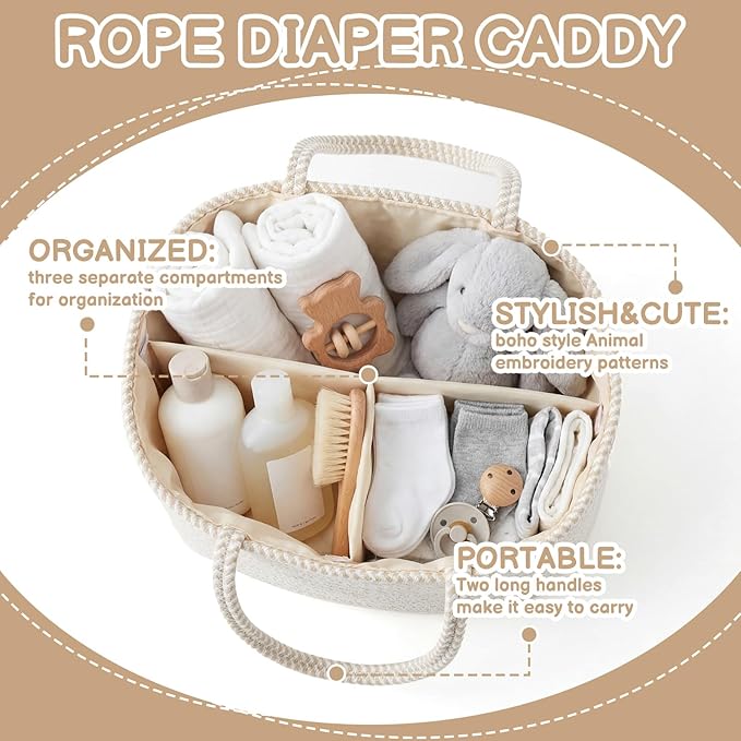 Diaper Caddy Organizer Cotton Rope Diaper Caddy Basket Cute Giraffe Empty Gift Basket Nursery Storage Bin and Car Organizer with Removable Divider Baby Shower Gifts Newborn Essentials