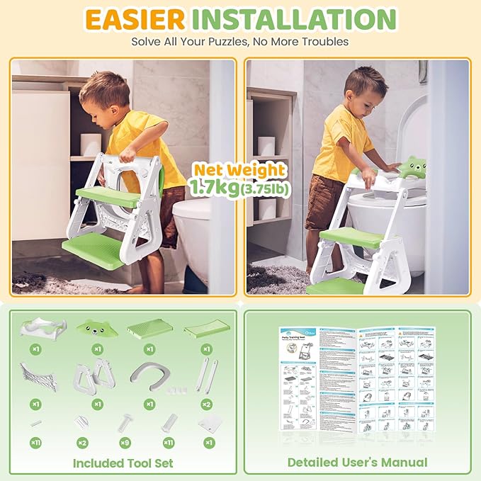 Orzbow Potty Training Seat | Upgrade Toddler Potty Training Toilet with Step Stool, 2-in-1 Stability Toilet Seat for Boys Girls | with Splash Guard, Anti-Slip Pad, Ladder, and Height Adjustable, Green