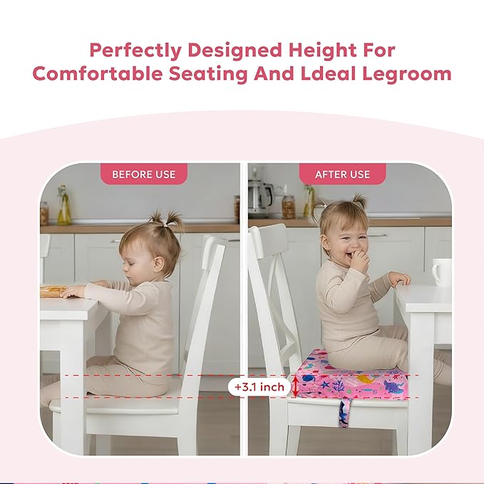 Toddler Booster Seat for Dining Table & Kitchen Chairs - Premium Foam with Non-Slip Bottom & Double Adjustable Straps, Safety Certified, Portable Travel &Easy to Clean (Pink-Mermaid)