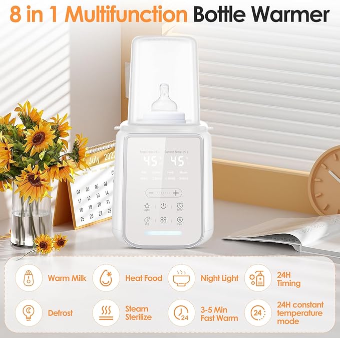 8-in-1 Baby Bottle Warmer, Fast Milk Warmer with Timer Digital Display, Night Light, Sterilizing Keep Warm, for All Bottles Nighttime Breastfeeding Newborn