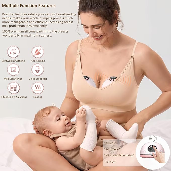 Electric Breast Pump Hands Free Wearable Portable Breastfeeding Pumps Wireless Quiet Anti-Leaking with Voice Broadcast Heating 4 Mode 12 Levels Suction Double 24mm (Pink)