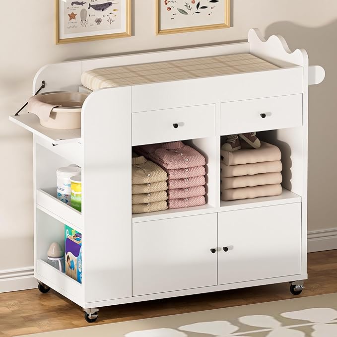 Baby Changing Table Top, 3 Drawers Nursery with 4 Open Cubbies, Rolling Chest with Wheels, 43" W x 19.5" D x 40" H
