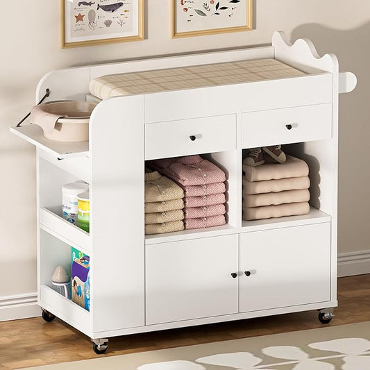 Baby Changing Table Top, 3 Drawers Nursery with 4 Open Cubbies, Rolling Chest with Wheels, 43" W x 19.5" D x 40" H