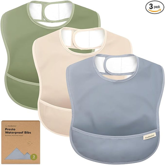 KeaBabies 3-Pack Waterproof Baby Bibs for Eating - Lightweight Toddler Feeding Bibs with Large Food Catcher, Mess Proof, Food-Grade Baby Eating Essentials, Easy to Put On & Clean (Slate)