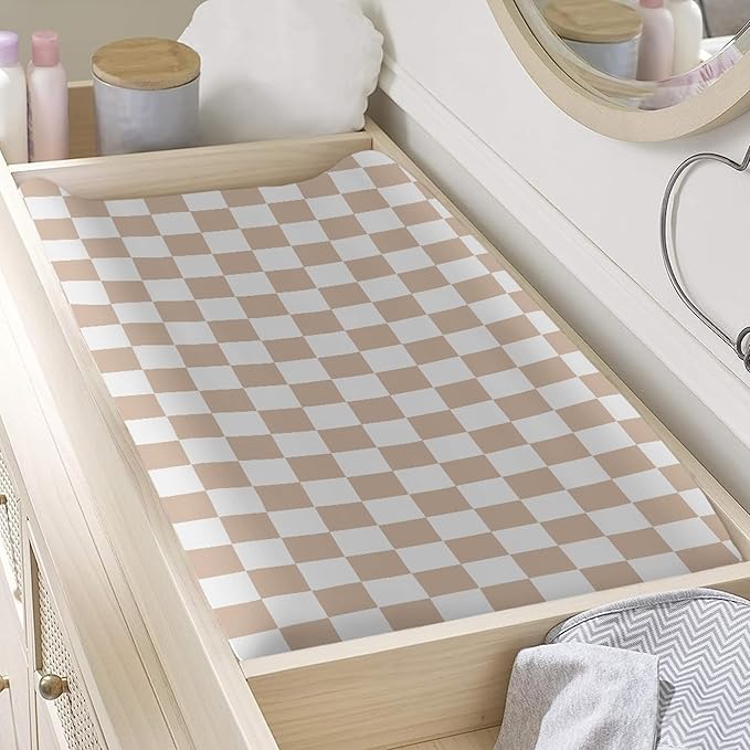 Beige Checkered Changing Pad Cover for Baby Girls Boys Cartoon Breathable Diaper Change Table Sheet Soft Stretchy Cute Change Table Mat Cover Fit 32x16