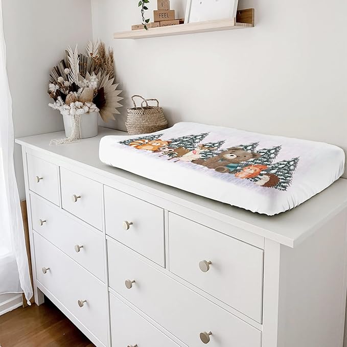 Cute Animals Pine Trees Baby Changing Pad Covers Bear Raccoon Squirrel Deer Rabbit Hedgehog Owl Unisex Diaper Change Table Sheets for Boys Girls Soft Stretch Changing Mat Sheets 32''x16''