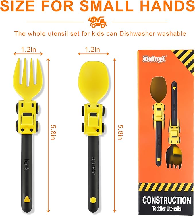 Deinyi Construction Toddler Utensils - Toddler Forks and Spoons - Kids Construction Toys Utensils - Forks and Spoons Silverware Set - Easter Birthday for 1 2 3 4 5 year old, Yellow