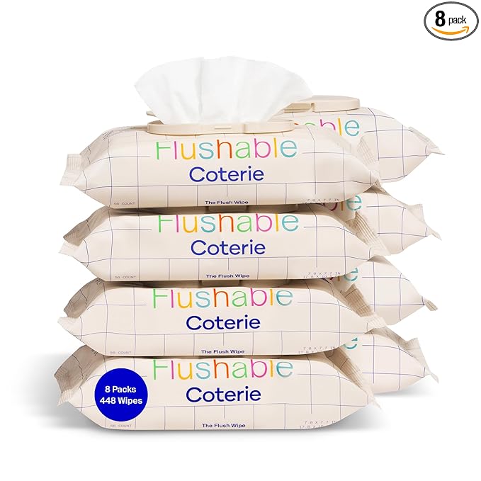 Coterie Flushable Wipes for Toddlers, Designed for Potty Training, Safe for Sensitive Skin, Hypoallergenic, 99% Water, Plant-Based, Fragrance Free, Sewer & Septic Safe, 8 Pack (448 Wipes)