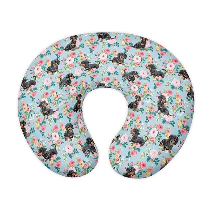 Jeiento Floral Black Dachshund Dog Nursing Pillow Cover Cartoon Blue Slipcover for Baby Removable Comfort Pillow Slipcovers for Breastfeeding U-Shaped Pillows