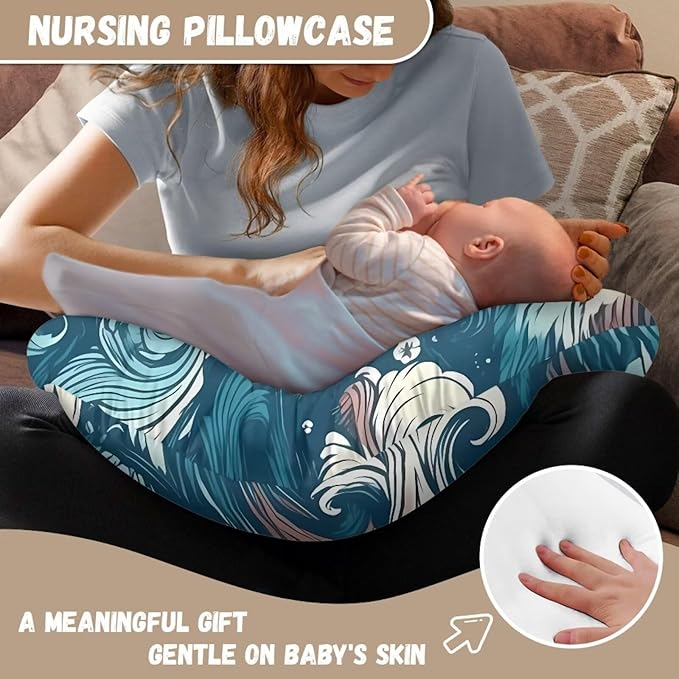 Sea Ripple Nursing Pillow Cover Girls, Sea Wave Baby Breastfeeding Infant Newborn Pillowcase， Line Drawing Flower Nursing Pillow Original Support Cover， Blue