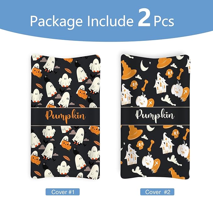 KAINSY Personalized Halloween Black Ghost Pumpkin Print Changing Pad Cover, Custom Diaper Change Table Sheets with Name, Soft Jersey Knit Change Table Sheets, 2 Pack Changing Pad Covers (16" x 32")