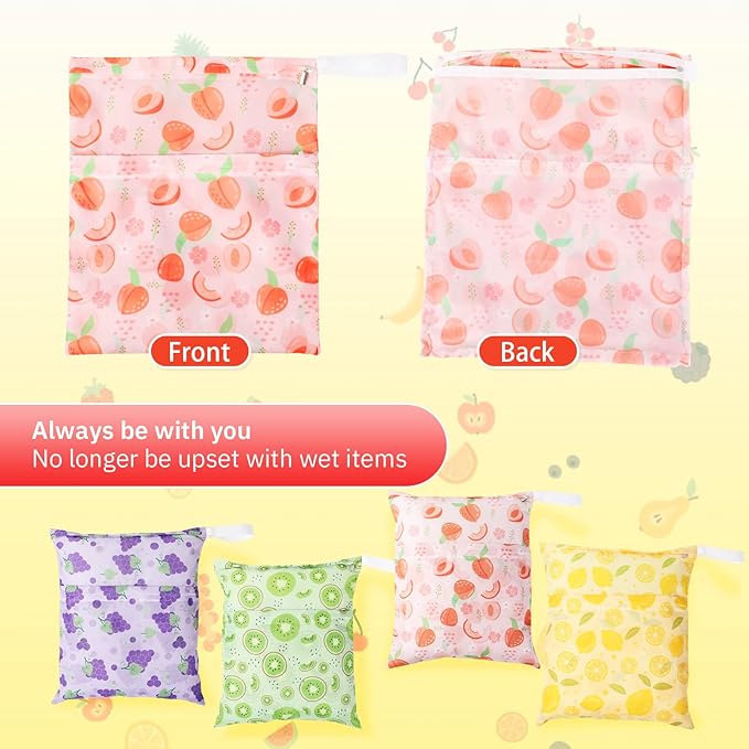 Frienda 4 Pieces Cloth Diaper Wet Dry Bag, Waterproof Reusable Washable Bag for Baby Items and Travel Zippered Pockets with Handle, Beach, Swimsuit, Dirty Gym Clothes and Toiletries(Fruit)