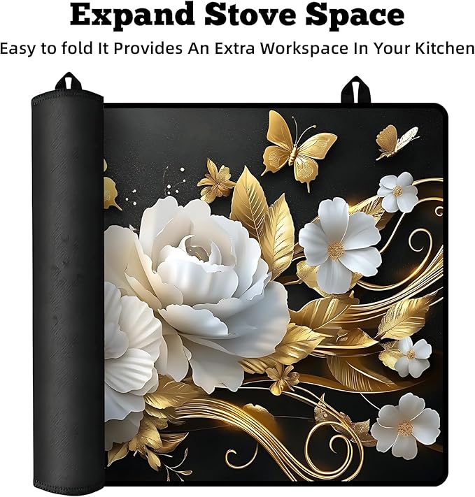 Multi-Design Stove Top Cover for Glass/Electric Stoves - 3-in-1 Heat-Resistant Protector Mat, Non-Slip Drying Rack 30" L x 21" W (Butterfly-Flower)