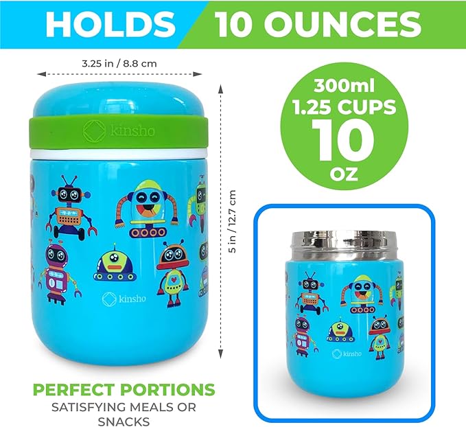Bento Lunch Box for Kids with Thermo for Hot Food Soup, Insulated Lunch Bag and Ice Cold Pack Set, Stainless Steel Lunch Thermal, Container Boxes with 4 Compartments, Green Robot