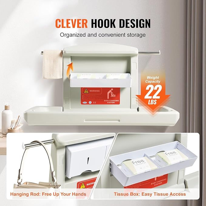 VEVOR Wall-Mounted Baby Changing Station, Horizontal Foldable Diaper Change Table with Safety Straps and Hanging Rods, Use in Commercial Bathrooms, Daycare Centers for Newborns & Infant