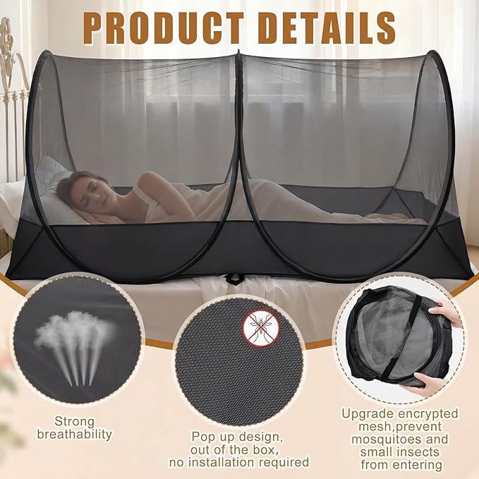 Large Pop up Mosquito Net for Camping Portable Foldable Mosquito Tent Bug Net Bed Travel Patio Outdoor 78 x 39 x 28 Inch Bug Netting Mesh Tent Canopy for Adults Baby Bedroom, Black